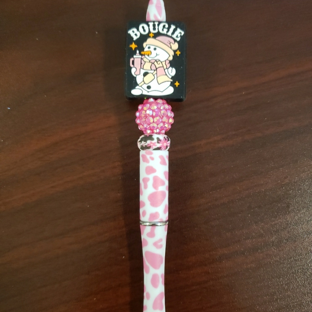 New Handmade Pink Bougie Snowman Focal Bead Beaded Pen